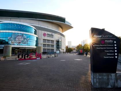 
The Moda Center, home of the Portland Trail Blazers, is seen before the NBA basketball team’s media day in Portland, Oregon on Monday, September 28.