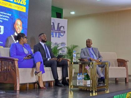 From left: St James Municipal Corporation officials Naudia Crosskill, CEO; Montego Bay Mayor Richard Vernon, chairman; and Beresford Powell, chief financial officer, on stage at the City Hall 2026 Municipal Budget Presentation on Thursday.