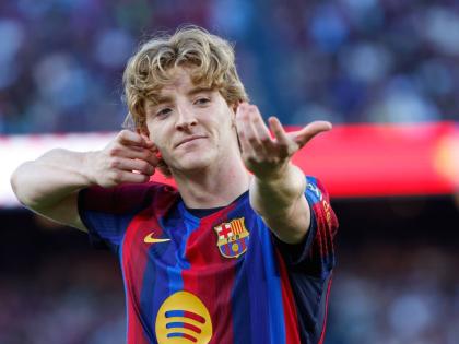 
Barcelona’s Anthony Gordon celebrates after scoring his side’s opening goal during the Spanish La Liga football match against Getafe in Barcelona, Spain yesterday.