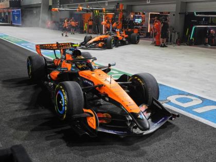 
McLaren driver Lando Norris of Britain speeds away during the sprint qualifying session ahead of the Singapore Formula One Grand Prix in Singapore, Friday, October 9.
