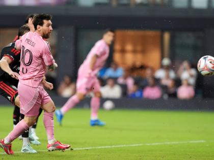 Inter Miami forward Lionel Messi (10) scores his side’s third goal during the second half of an MLS  match against D.C. United, on Saturday, October 10, 2026, in Miami. 
