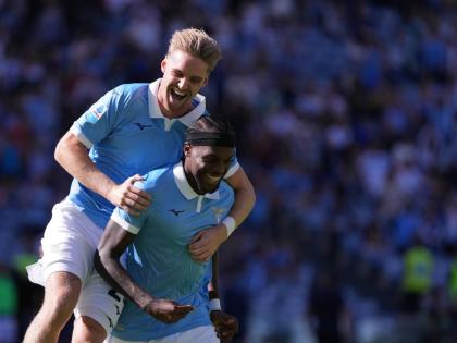 Lazio’s Nuno Tavares, (foreground) celebrates after scoring during the Serie A  match between Lazio and Monza in Rome yesterday.