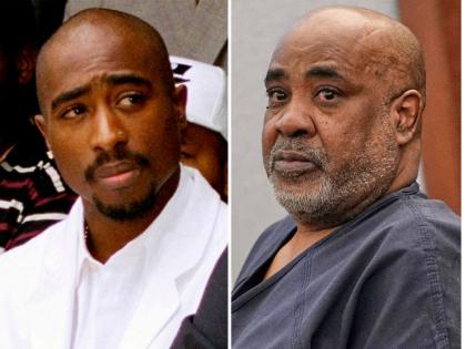 Rapper Tupac Shakur attends a voter registration event in South Central Los Angeles on August 15, 1996, left, and Duane 'Keffe D' Davis appears in District Court for his involvement in the 1996 killing of Shakur in Las Vegas on February 18, 2025. (AP Photo