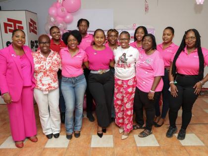 Roshane Reid-Koomson, executive director of the Jamaica Cancer Society, joins members of the H&L Agro team and breast cancer survivors following the recent launch of the company’s Breast Cancer Awareness Month activities. The initiative promotes breast h