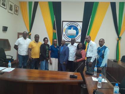 British High Commissioner Alicia Herbert (fourth left) is flocked by (from left) Councillors Brian Chambers, Darren Barnes and Andria Dehaney-Grant; Custos Lennox Jackson; Lucea Mayor Sheridan Samuels; Heatha Miller-Bennett, member of parliament for Hanove