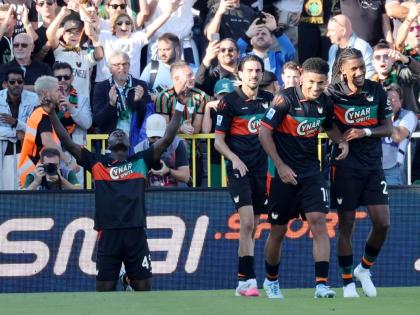 AP 
Venezia’s Akor Adams celebrates after scoring during the Italian Serie A football match against Napoli in Venice, Italy, yesterday.