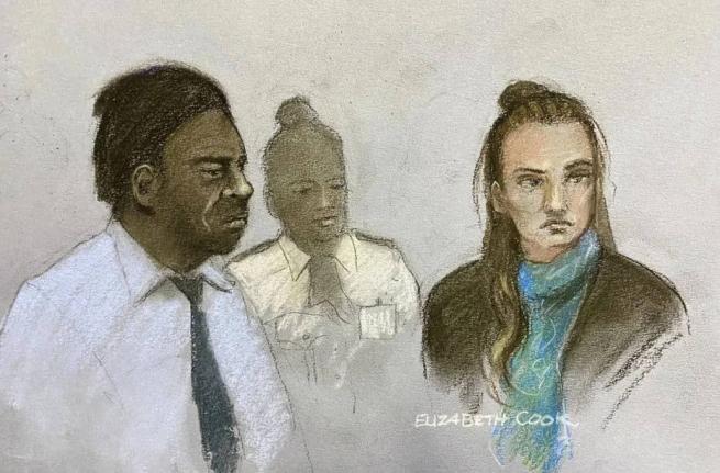 This court artist sketch by Elizabeth Cook shows Mark Gordon and Constance Marten appearing at the Old Bailey in London, Monday September 15, 2025, where they’ve been sentenced to 14 years in prison for killing their newborn daughter while on the run fro