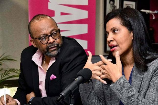 Director of Tourism,  Donovan White (left), looks on as Chair of the Jamaica Product Exchange (JAPEX) Planning Committee, Nicola Madden-Greig, responds to a question, during the launch of JAPEX 2025 on Monday, September 15 at the Jamaica Tourist Board (JTB