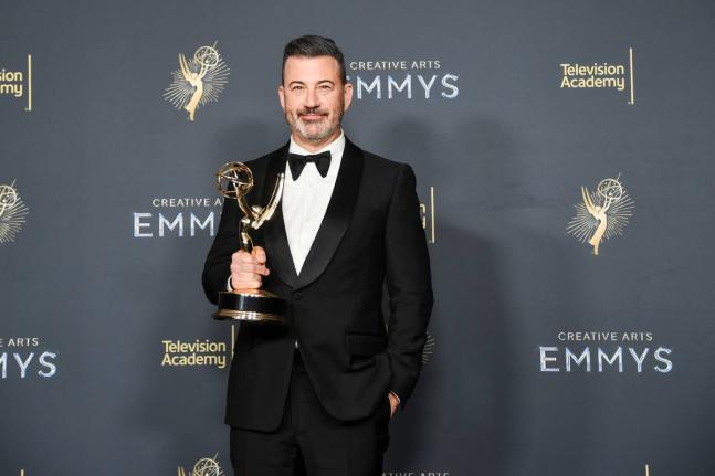 Jimmy Kimmel poses in the press room with the award for host for a game show for "Who Wants to Be a Millionaire" during night two of the Creative Arts Emmy Awards on Sunday, September 7, 2025, at the Peacock Theater in Los Angeles. (Photo by Richard Shotwe
