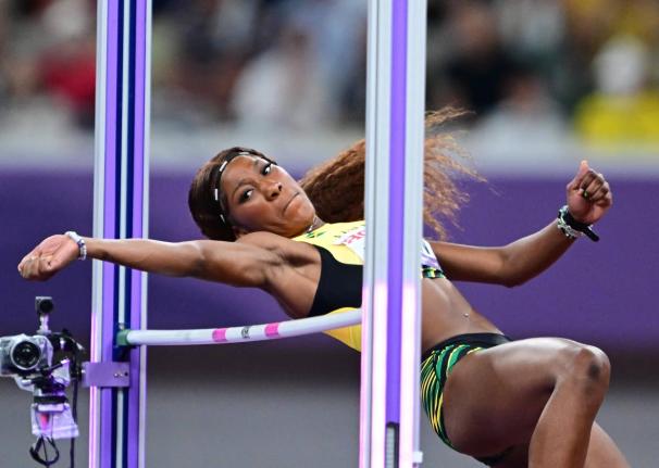 Jamaica’s Lamara Distin competing in the women’s high jump qualifiers at the Worlld Athletics Championships in Tokyo, Japan, yesterday. Distin failed to clear the 1.83 metres opening height. 