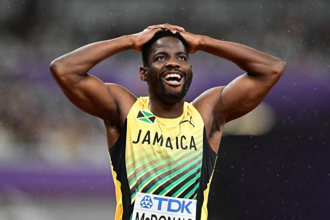 Rusheen McDonald of Jamaica moments after competing in the men’s 400 metres final at the World Athletics Championships in Tokyo, Japan, yesterday. McDonald placed just outside a podium spot in fourth with a time of 44.28 seconds.