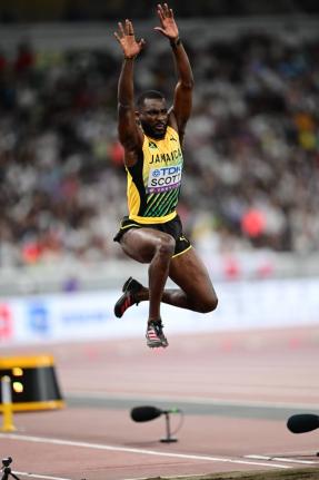 Jordan Scott on his way to fifth place in the final of the men's triple jump at the World Athletics Championships inside the Japan National Stadium in Tokyo earlier today.