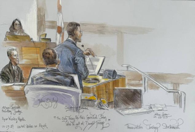 This courtroom sketch shows US District Judge Aileen Cannon listening as prosecutor Christopher speaks during the trial of Ryan Routh, at left, who is charged with attempting to assassinate Donald Trump last year at a golf course in South Florida, Tuesday,