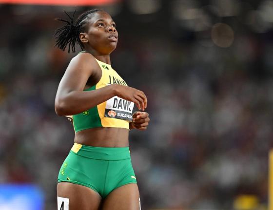 Kevona Davis running in the semi-finals of the 200 metres at the 2023 World Athletics Championships at the National Athletics in Pudapest Hungary, on August 24 of that year.