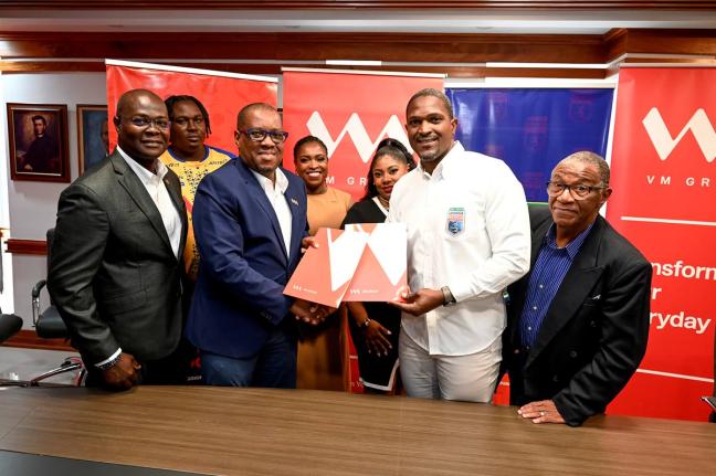 From left: Frederick Williams, VM Group’s chief financial officer; Byjeon Thomas, head coach, Harbour View FC; Paul Elliott, CEO, VM Building Society; Clover Moore, assistant vice president, group corporate affairs & communications; Latoya Williams, assi