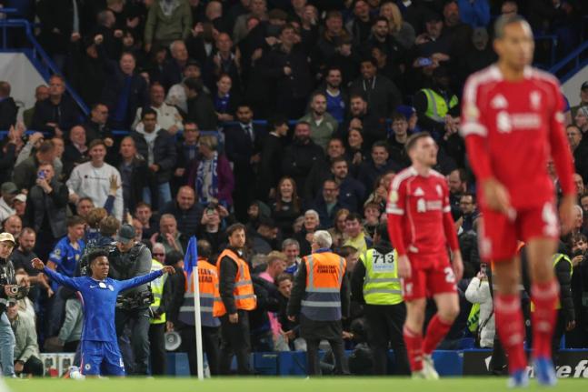 
Chelsea’s Estevao (left) celebrates after scoring his side’s second goal during the English Premier League football match against Liverpool at Stamford Bridge in London, yesterday.