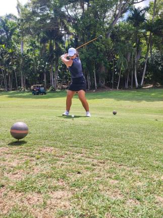 Mehan Samms of Team 14 plays a tee shot during the September 12-13 Sandals Travel Advisors Golf Tournament at the Sandals Upton Golf and Country Club in St Mary. 