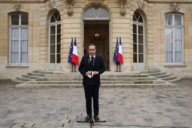 French outgoing Prime Minister Sebastien Lecornu, who resigned just a day after naming his government, delivers his statement at the Hotel Matignon in Paris, Monday, October 6, 2025. (Stephane Mahe/Pool via AP)