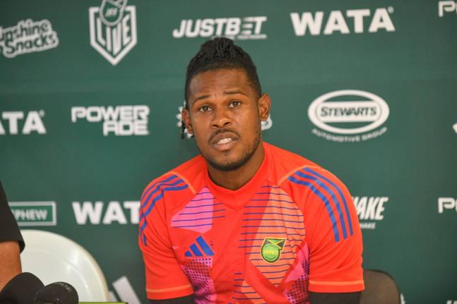 Reggae Boyz skipper and goalkeeper, Andre Blake, speaks during a Jamaica Football Federation press conference ahead of today’s Concacaf World Cup Qualifiers against Bermuda at the National Stadium. 