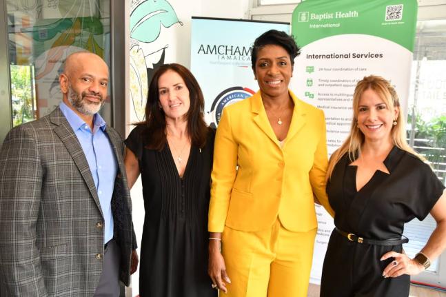 From left: Roy Cardoso, MD, orthopaedic surgeon at Baptist Health Orthopaedic Care; Nicola O’Connor, in-country manager, Baptist Health International, and Yamala Zabala, physician relations specialist, Baptist Health International, engage Ann-Dawn Young 