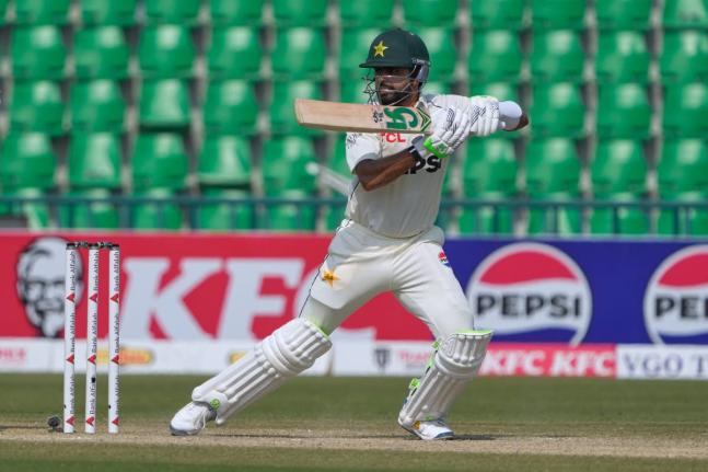Pakistan’s Babar Azam bats during the third day of the first Test cricket match against and South Africa, in Lahore, Pakistan, yesterday.