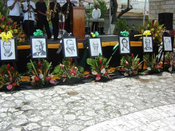 File 
In this file photo portraits of Jamaica’s National Heroes are seen at Sam Sharpe Square in Montego Bay. From left are: Paul Bogle, Sir Alexander Bustamante, Marcus Mosiah Garvey, Nanny of the Maroons, George William Gordon, Norman Washington Manley