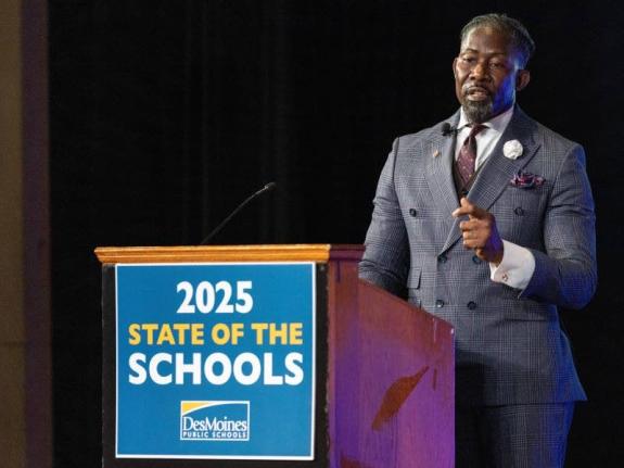 Ian Roberts, superintendent of Des Moines Public Schools, delivers an annual address at North High School in Des Moines, Iowa, February 11, 2025. (Jon Lemons/Des Moines Public Schools via AP)