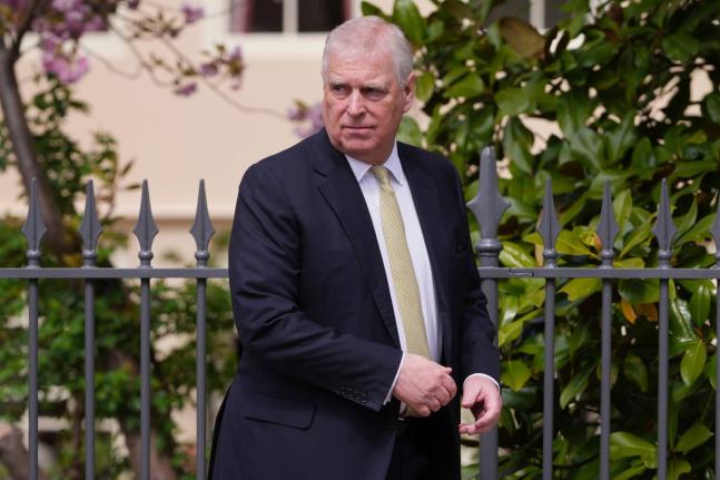 Prince Andrew looks round as he leaves after attending the Easter Matins Service at St George's Chapel, Windsor Castle, England, April 20, 2025. (AP Photo/Kirsty Wigglesworth, File)