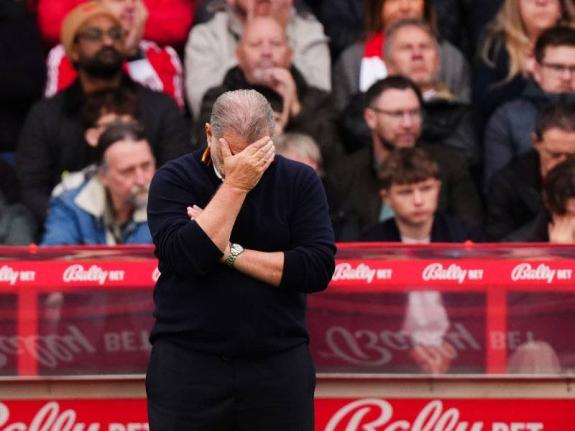 Nottingham Forest head coach Ange Postecoglou gestures after Chelsea's 2nd goal, during the English Premier League football match between Nottingham Forest and Chelsea, in Nottingham, England, Saturday, October 18, 2025. (Mike Egerton/PA via AP)