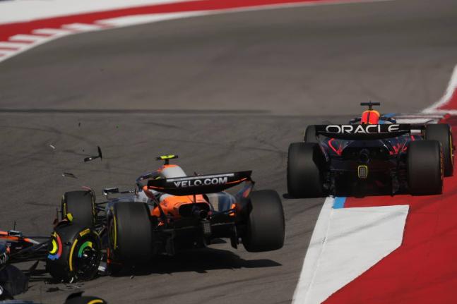 McLaren driver Lando Norris of Britain crashes during the sprint race at the Formula One US Grand Prix auto racing in Austin, Texas yesterday.