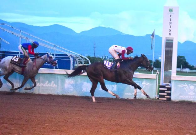 Anthony Minott/Freelance Photographer
IS THAT A FACT (right), ridden by Shaheem Gordon, wins the Errol ‘Big Sub’ Subratie Memorial Trophy ahead of RUN JULIE RUN (Dane Dawkins) over a mile  at Caymanas Park yesterday.