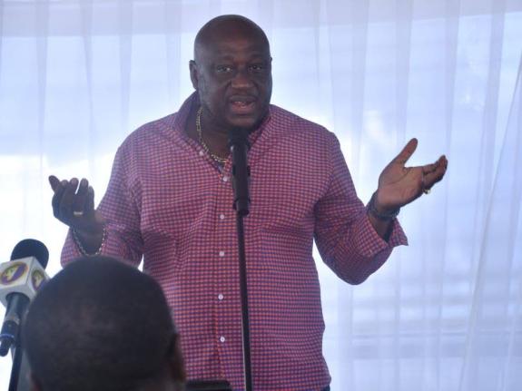 Mayor of Savanna-la-Mar and Chairman of the Westmoreland Municipal Corporation, Councillor Danree Delancy, delivers remarks during the Entertainment Venues of Negril Press Conference held recently at Wavz Beach Club.