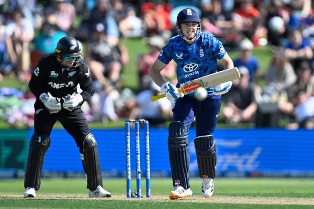  England’s Harry Brook bats during the One Day International match between New Zealand and England in Mt Maunganui, New Zealand, yesterday.