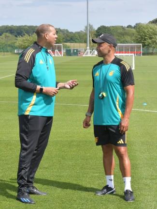 From left: Reggae Girlz head coach Hubert Busby Jr and his assistant Deon Burton during a training session in Trinidad and Tobago. 