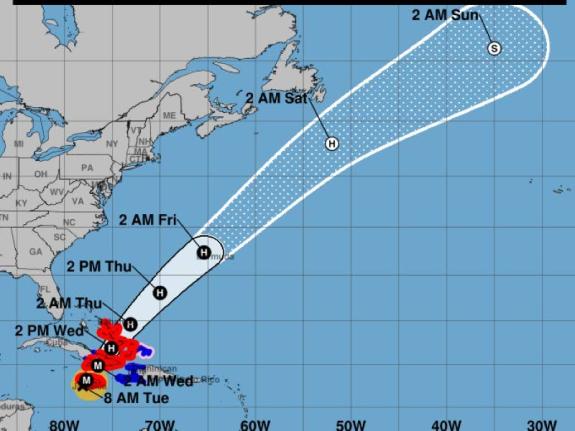 This NOAA graphic shows the projected path of Tropical Storm Melissa in the Central Caribbean Sea. 