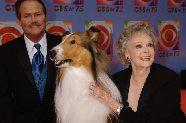 June Lockhart (right), who played the character of Ruth Martin, mother of Timmy Martin, played by Jon Provost (left), during the classic series ‘Lassie’, poses for a photograph with Lassie, 9th generation, during arrivals at CBS’s 75th anniversary ce