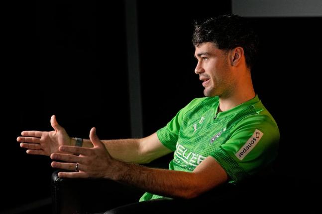 American football player Gio Reyna talks during an interview with The Associated Press at the stadium of his Bundesliga club Borussia Moenchengladbach in Moenchengladbach, Germany, on October 21.