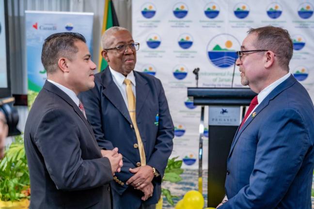 From left: Matthew Samuda, minister of water, environment and climate change; Professor Dale Webber, chairman of the Environmental Foundation of Jamaica; and Mark Berman, high commissioner of Canada to Jamaica, in discussion at the recent launch event for 