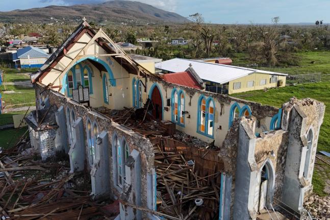 The church of Lacovia Tombstone sits damaged in the aftermath of Hurricane Melissa.