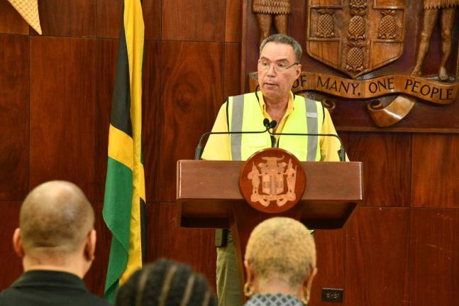 Energy, Transport and Telecommunications Minister, Daryl Vaz, addressing a special press conference on Hurricane Melissa recovery activities at the Office of the Prime Minister in St Andrew on October 30.