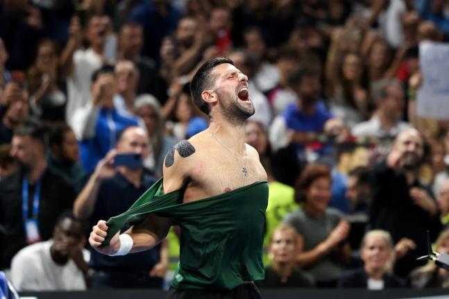 
Novak Djokovic of Serbia reacts after winning the ATP 250 tennis tournament final match against Lorenzo Musetti of Italy, in Athens, Greece, yesterday.