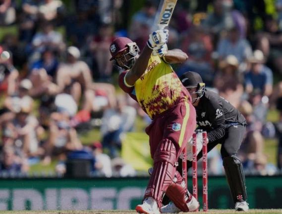 Romario Shepherd on the go during his innings of 49 off 34 balls against New Zealand in the third T20I yesterday.