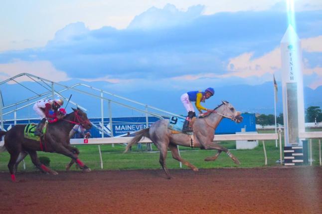 MOJITO (right), ridden by Raddesh Roman,  wins the Jamaica Cup ahead of  GIRVANO (Tevin Foster) at Caymanas Park yesterday.