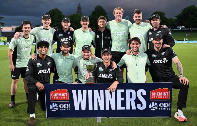 
New Zealand celebrate the 3-0 One-Day International series win they enjoyed over the West Indies, completed by a four-wicket victory at Seddon Park in New Zealand yesterday.