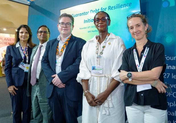 From left: Ana Toni, COP30 executive director; Avinash Persaud, special advisor to the President of IDB; Jorge Concha, director of Green Operations and Financing at CAF; Valerie Isaac, division chief, Environmental Sustainability Unit at the Caribbean Dev