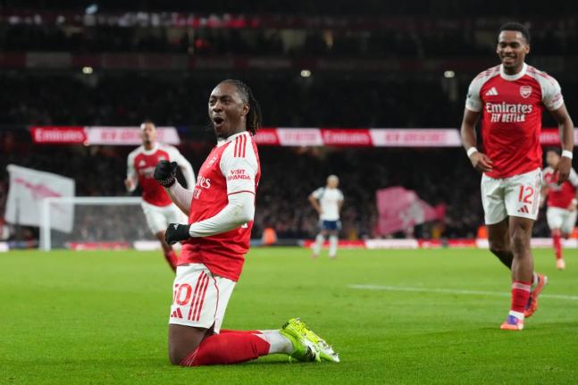 Arsenal’s Eberechi Eze celebrates after scoring during a Premier League match between Arsenal and Tottenham in London yesterday.