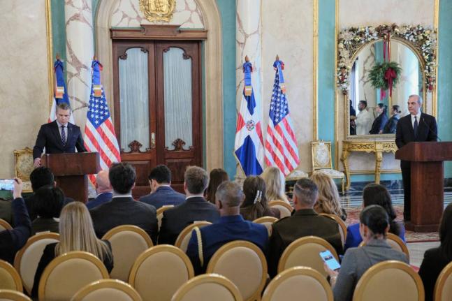 US Secretary of Defense Pete Hegseth, left, and Dominican Republic President Luis Abinader speak during a press conference at the National Palace in Santo Domingo, Dominican Republic, Wednesday, November 26, 2025. (AP Photo/Ricardo Hernadez)