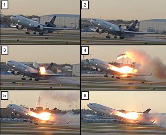 This combination photo provided by the National Transportation Safety Board (NTSB) via UPS shows a sequence of framegrabs made from video where an engine is seen detaching from the plane's left wing upon takeoff at the Louisville International Airport in L