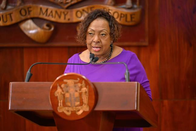 Culture, Gender, Entertainment and Sport Minister, Olivia Grange, addressing a post-Cabinet press briefing at Jamaica House on December 3, 2025.