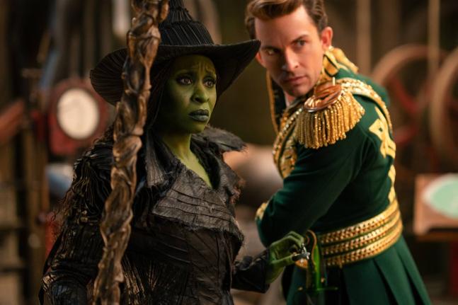 This image released by Universal Pictures shows Cynthia Erivo (left) and Jonathan Bailey in a scene from ‘Wicked: For Good’.